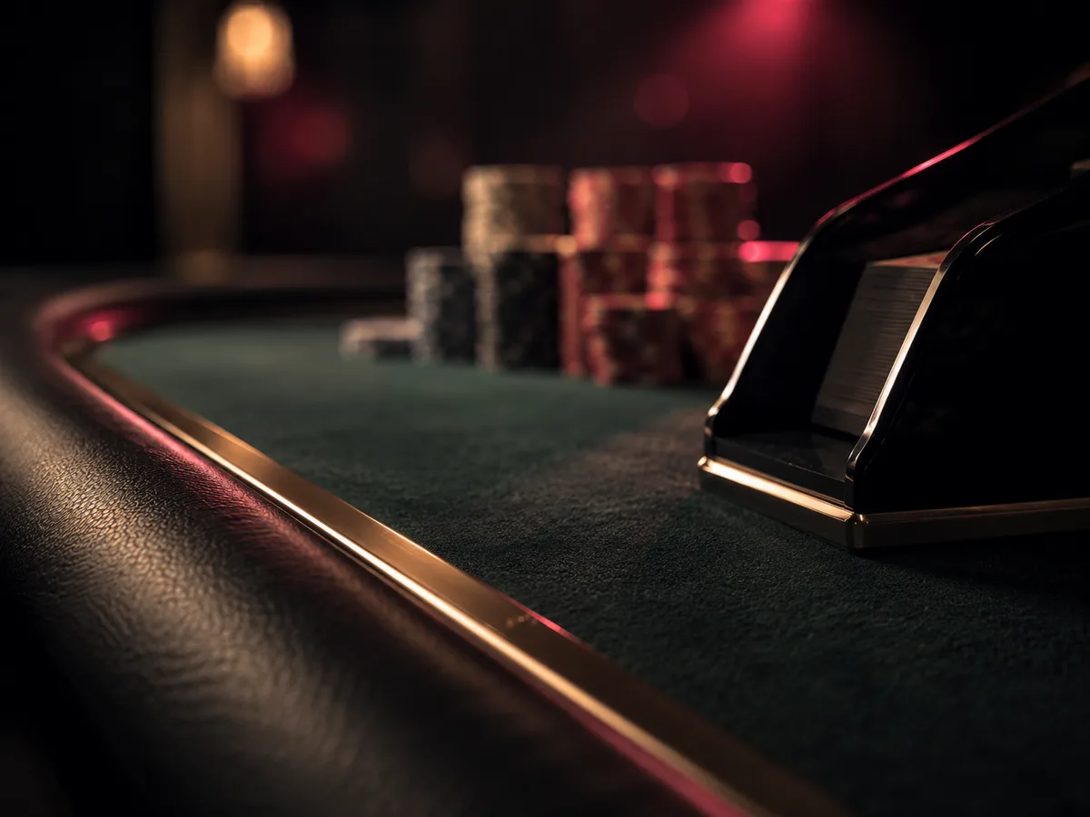Abstract photo of a felt table edge and card shoe